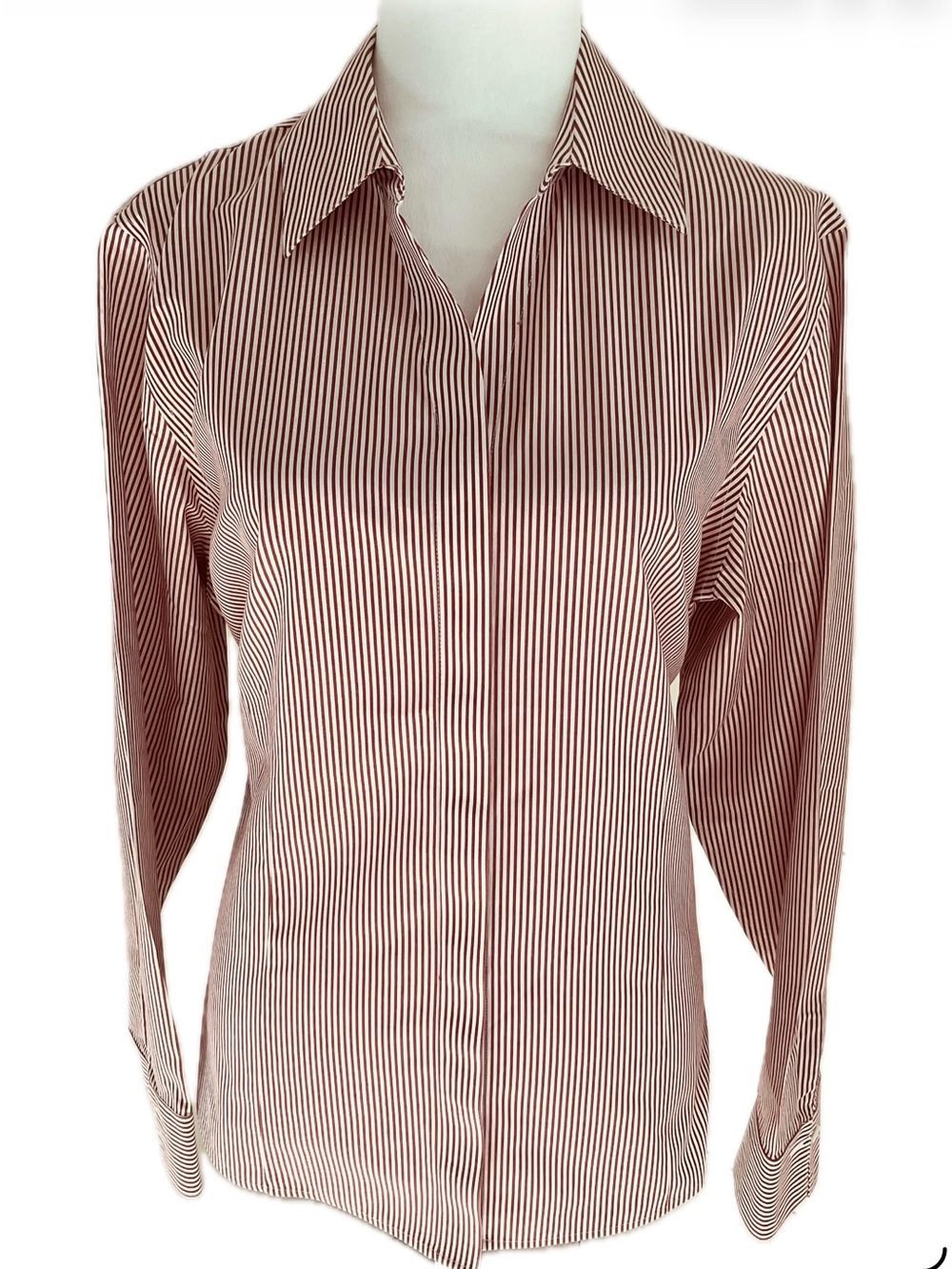 Chico's Red Non Iron Structured Metallic Shimmer  Striped Collared Button Shirt